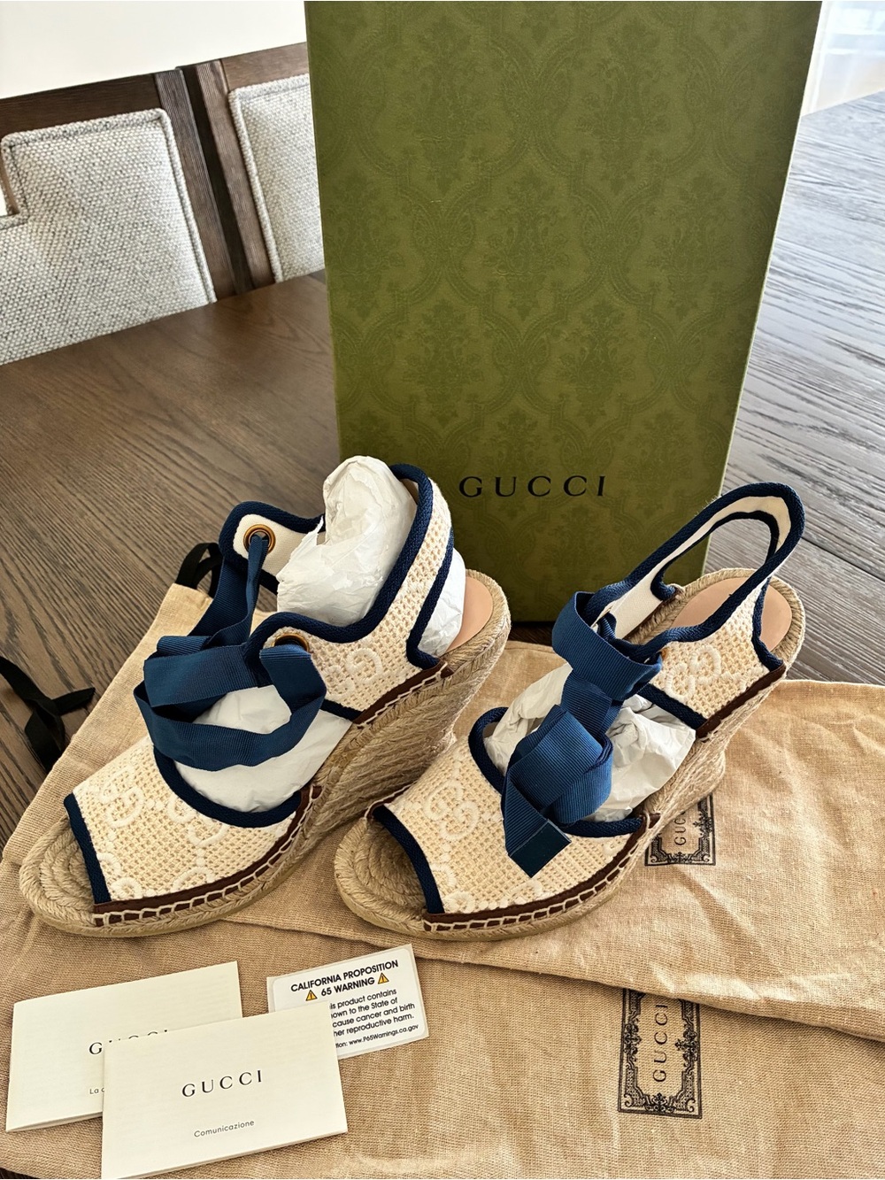 Gucci Crochet Espadrille Wedge Sandals in Natural and Navy Size 40.5